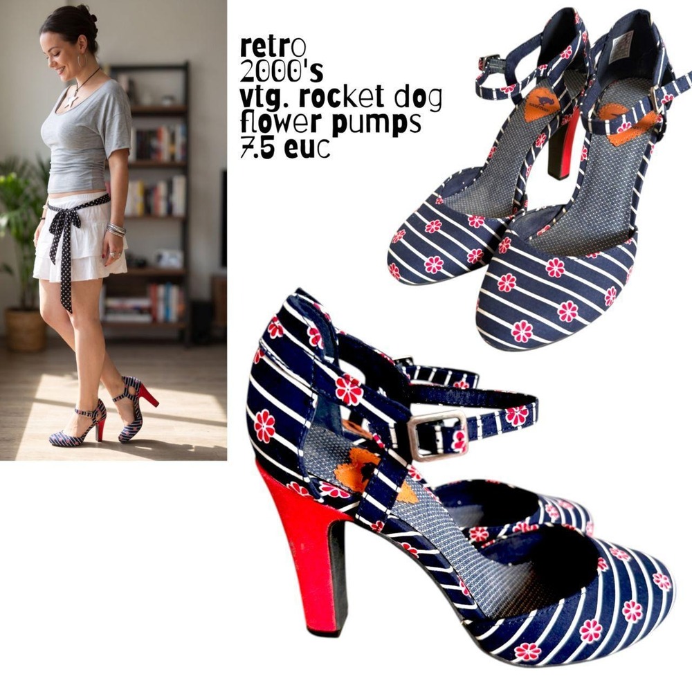 00s Y2K Vintage Rocket Dog Striped Floral Ankle Strap Pumps Size 7.5  8